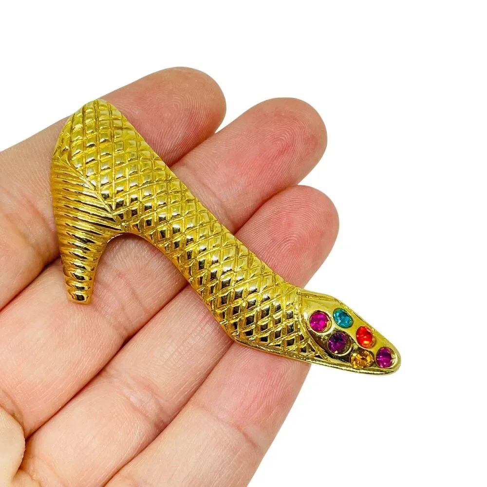 Vintage gold tone rhinestone ladies shoe designer brooch